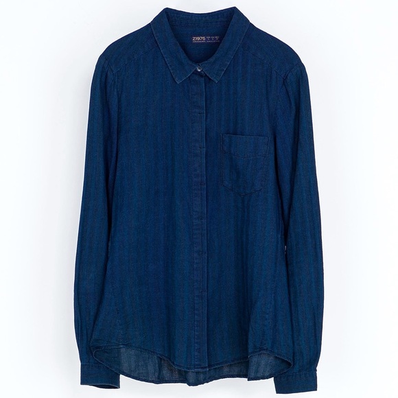Zara Indigo Stripe Denim Long Sleeve Button Up XS - Picture 4 of 6